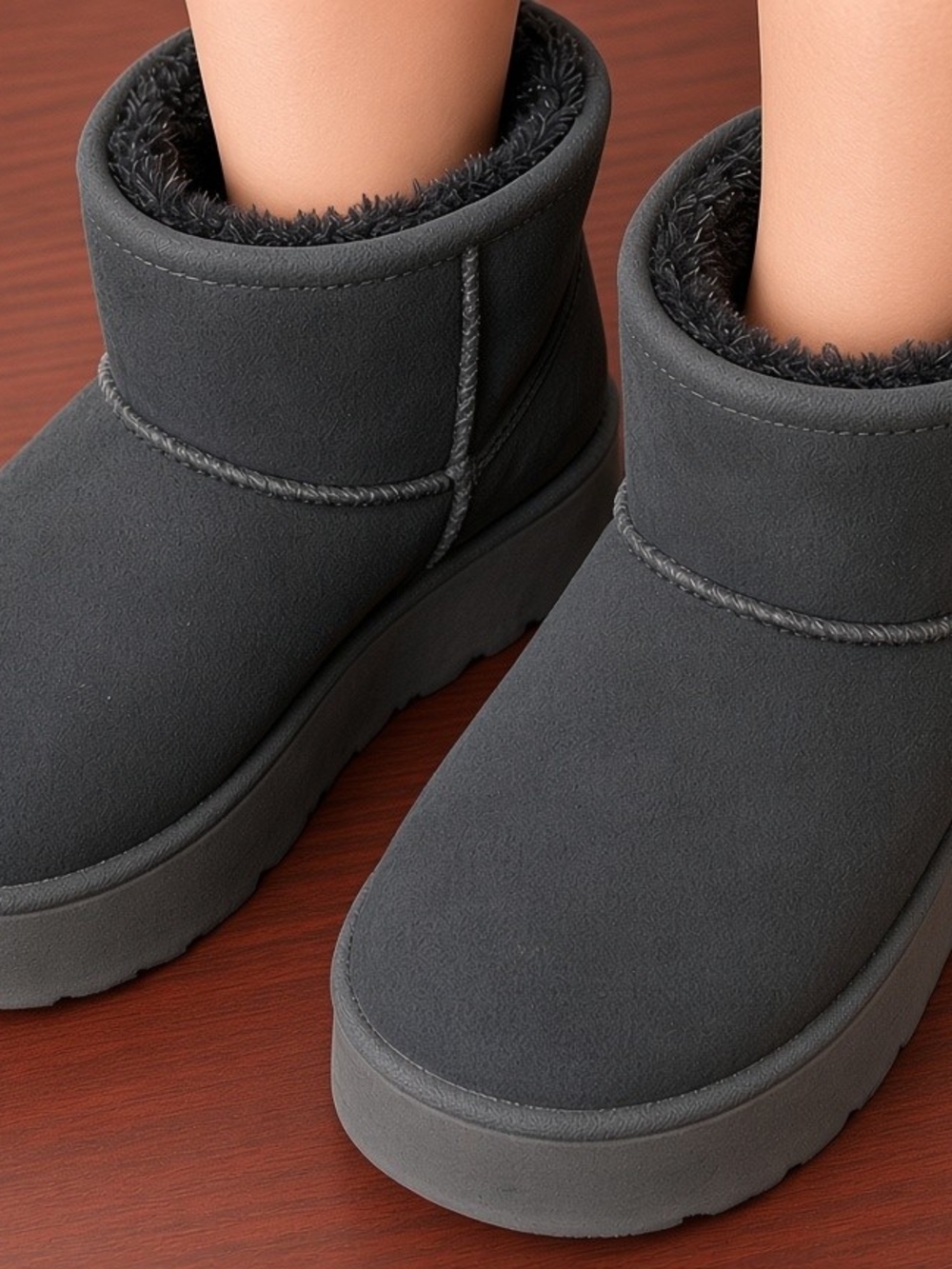 Time and Tru Women's Short Faux-Fur Lined Slip-On Boots - Charcoal Gray